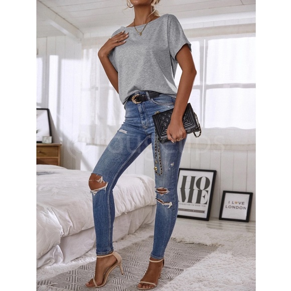 Boat Neck Batwing Sleeve Grey Tee Shirt Short Sleeve - Picture 4 of 8